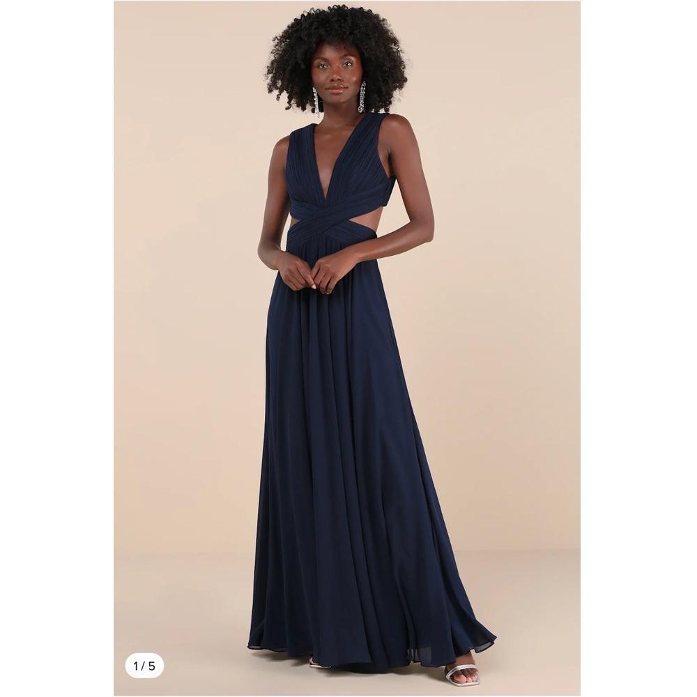 Lulus sz S Navy Blue Vivid Imagination Cutout Maxi Dress Plunging Luxury NWOT